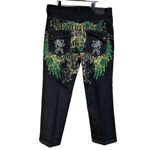 Raw Blue Jeans 90s Y2K Embroidered Ruthless Conspiracy Pocket Art 40x33 Black